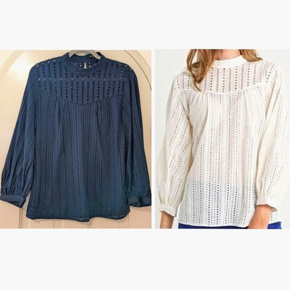 Banana Republic NAVY Eyelet Lace Boho Long Sleeve Cotton Peasant Blouse, Sz. S